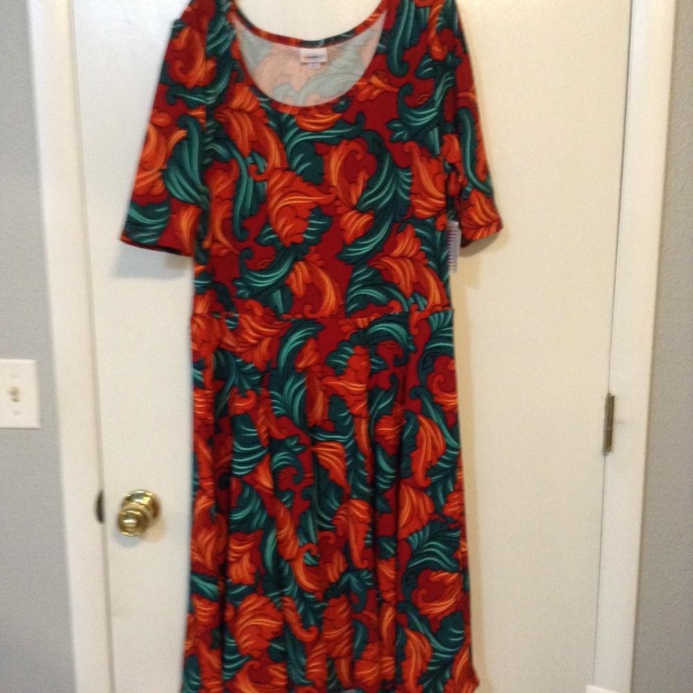LULAROE 3X ORANGE & GREEN PRINT CIRCLE SKIRT DRESS